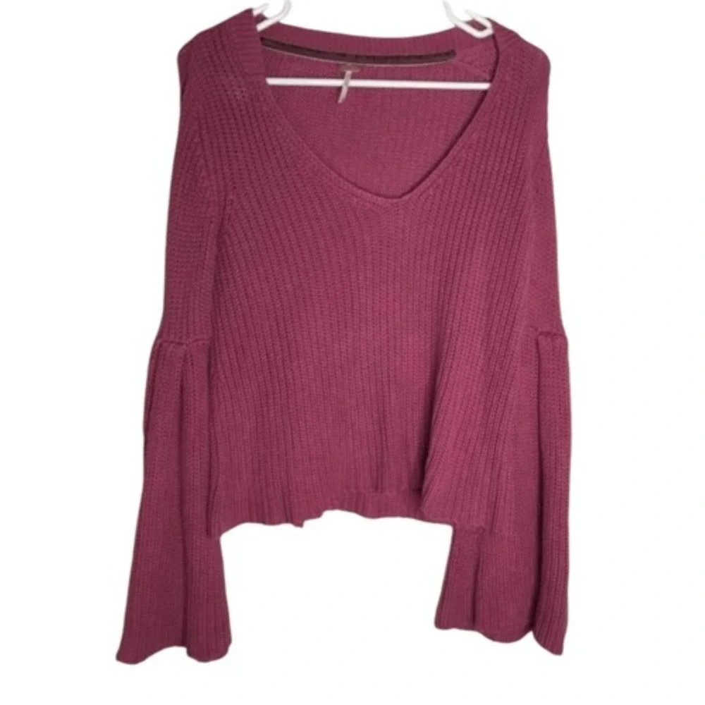 Free People Pink Knit Damsel Knitted Flare Bell Sl V-Neck Sweater Women SP China